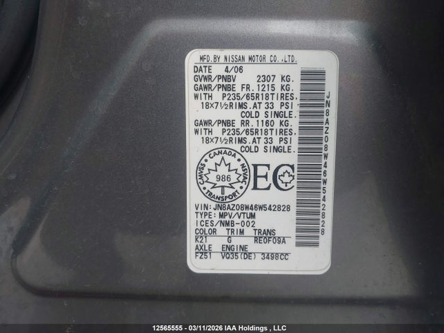 2006 Nissan Murano Se მანქანა იყიდება აუქციონზე, vin: JN8AZ08W46W542828, აუქციონის ნომერი: 12565555