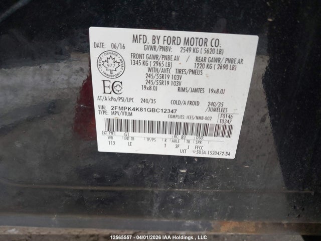 2016 Ford Edge Titanium მანქანა იყიდება აუქციონზე, vin: 2FMPK4K81GBC12347, აუქციონის ნომერი: 12565557