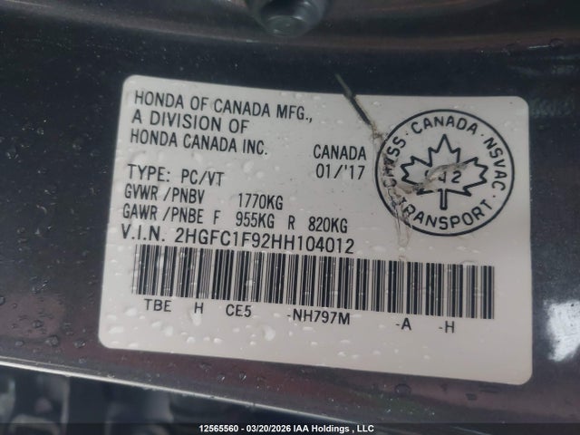Продаж на аукціоні авто 2017 Honda Civic Touring, vin: 2HGFC1F92HH104012, номер лоту: 12565560