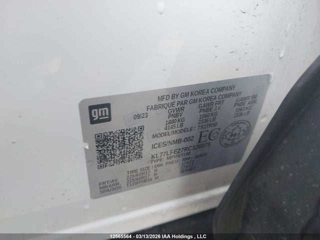 12565564 :رقم المزاد ، KL77LFE27RC126075 vin ، 2024 Chevrolet Trax Ls مزاد بيع