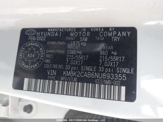 Aukcja sprzedaży 2022 Hyundai Kona Sel/se, vin: KM8K2CAB6NU893355, numer aukcji: 12565584