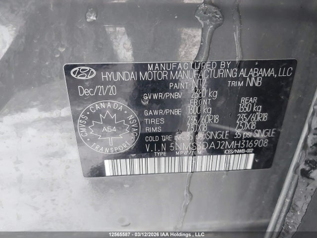 2021 Hyundai Santa Fe Preferred Awd With Trend Package მანქანა იყიდება აუქციონზე, vin: 5NMS3DAJ2MH316908, აუქციონის ნომერი: 12565587