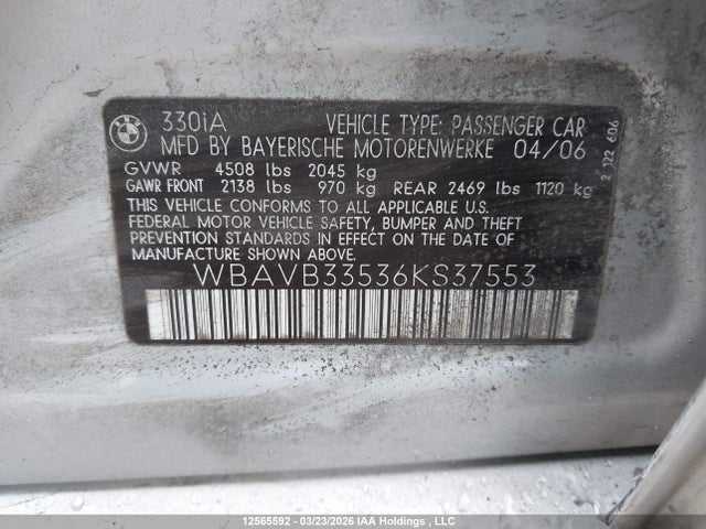 Aukcja sprzedaży 2006 Bmw 330 I, vin: WBAVB33536KS37553, numer aukcji: 12565592