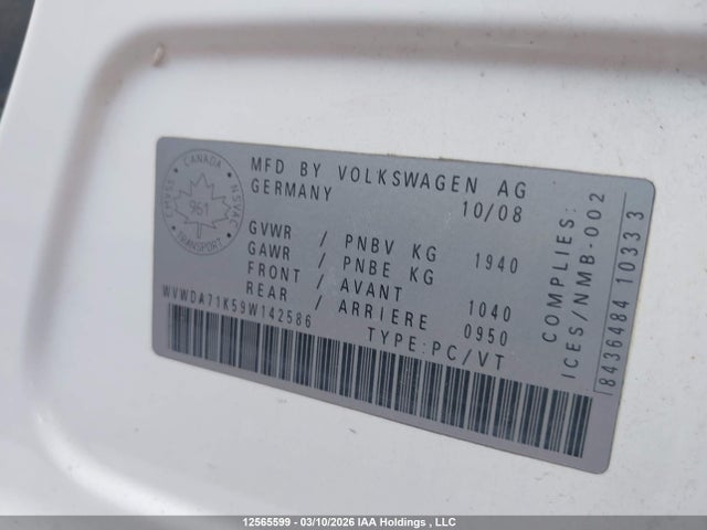 12565599 :رقم المزاد ، WVWDA71K59W142586 vin ، 2009 Volkswagen Rabbit 5-door Comfortline/5-door Trendline مزاد بيع