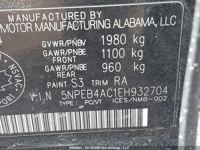 12565601 :رقم المزاد ، 5NPEB4AC1EH932704 vin ، 2014 Hyundai Sonata Gls مزاد بيع