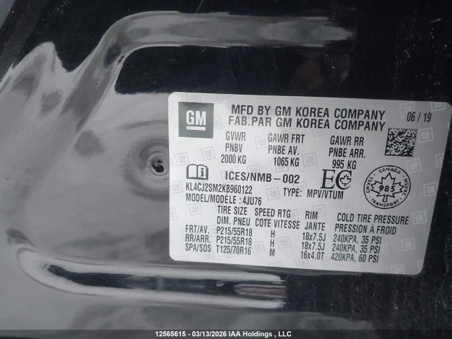 Aukcja sprzedaży 2019 Buick Encore Sport Touring, vin: KL4CJ2SM2KB960122, numer aukcji: 12565615