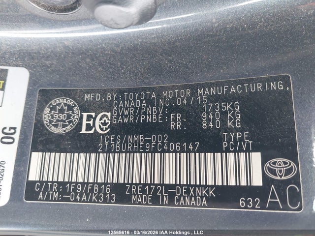 12565616 :رقم المزاد ، 2T1BURHE9FC406147 vin ، 2015 Toyota Corolla L/le/le Pls/prm/s/s Pls مزاد بيع