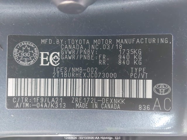 2T1BURHEXJC073000 Toyota Corolla L/le/xle/se/xse