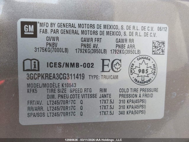 Aukcja sprzedaży 2012 Chevrolet Silverado K1500 Ls, vin: 3GCPKREA3CG311419, numer aukcji: 12565636