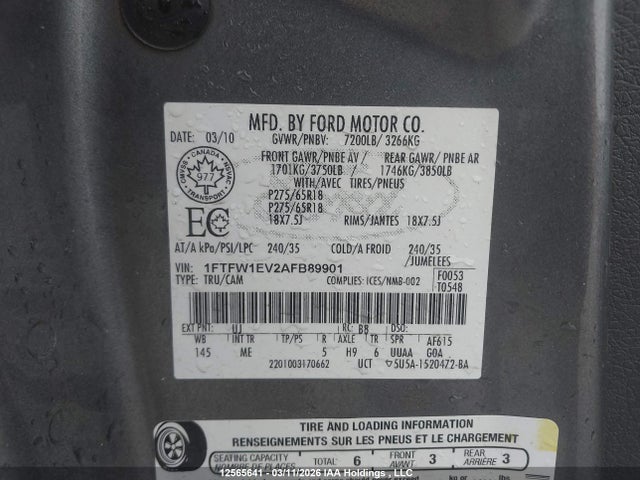 Продажа на аукционе авто 2010 Ford F-150 Fx4/harley-davidson/lariat/xlt, vin: 1FTFW1EV2AFB89901, номер лота: 12565641