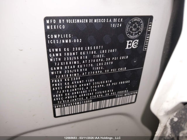 2024 Volkswagen Tiguan Se/wolfsburg მანქანა იყიდება აუქციონზე, vin: 3VV2B7AX7RM213868, აუქციონის ნომერი: 12565653