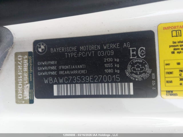 12565656 :رقم المزاد ، WBAWC73539E270015 vin ، 2009 Bmw 335 Xi مزاد بيع