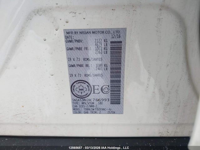 Продажа на аукционе авто 2017 Nissan Rogue Sv/sl, vin: 5N1AT2MV2HC766993, номер лота: 12565657