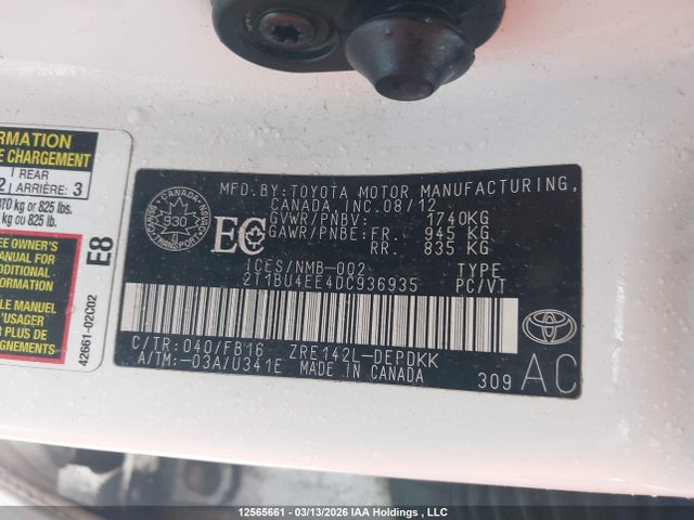 2013 Toyota Corolla Ce მანქანა იყიდება აუქციონზე, vin: 2T1BU4EE4DC936935, აუქციონის ნომერი: 12565661