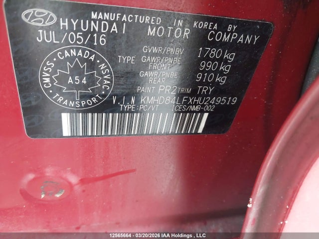 KMHD84LFXHU249519 Hyundai Elantra Se/value/limited