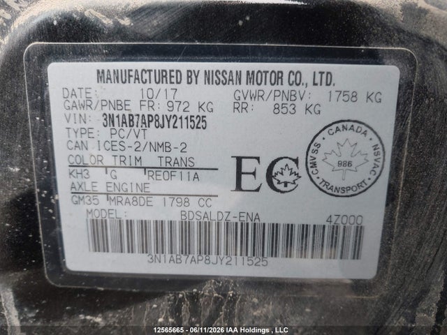 3N1AB7AP8JY211525 Nissan Sentra S/sv/sr/sl
