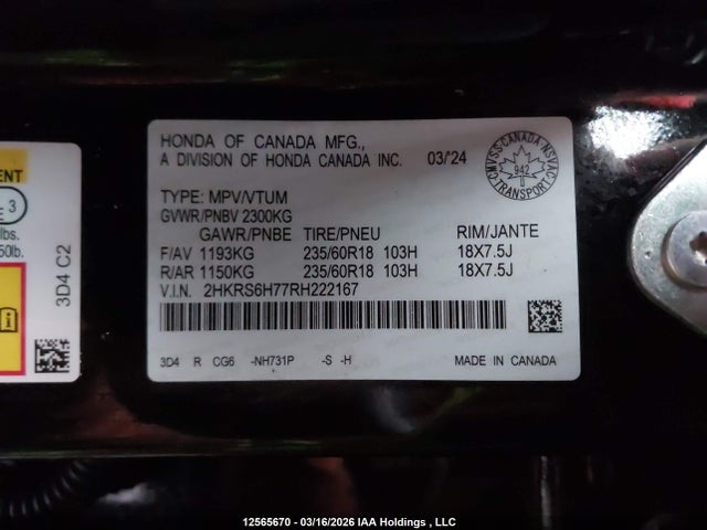 12565670 :رقم المزاد ، 2HKRS6H77RH222167 vin ، 2024 Honda Cr-v Ex-l Hybrid مزاد بيع
