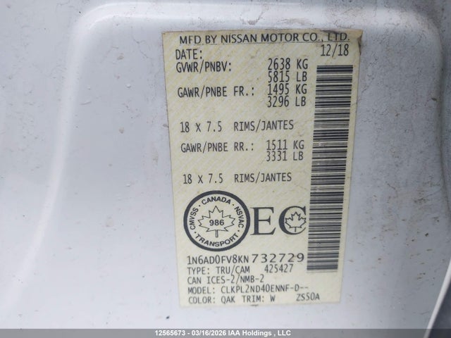 1N6AD0FV8KN732729 Nissan Frontier Midnight Edition/sl/sv