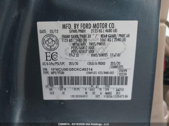 Aukcja sprzedaży 2012 Ford Escape Limited, vin: 1FMCU9EG5CKC49314, numer aukcji: 12565674