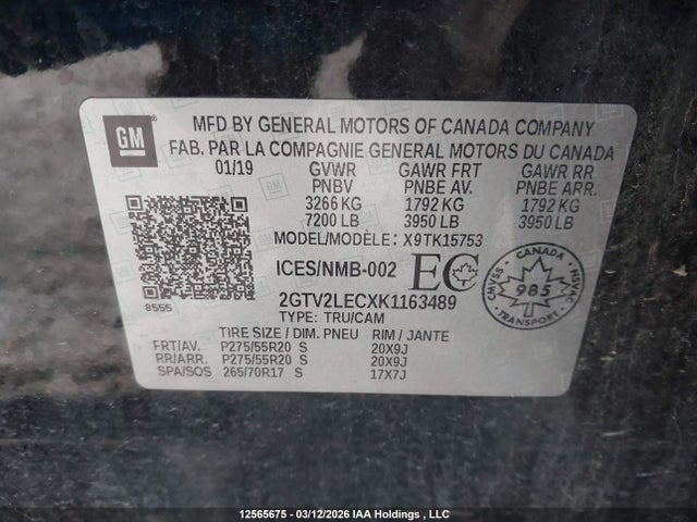 Продаж на аукціоні авто 2019 Gmc Sierra 1500 Limited, vin: 2GTV2LECXK1163489, номер лоту: 12565675