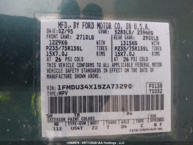 Aukcja sprzedaży 1995 Ford Explorer, vin: 1FMDU34X1SZA73290, numer aukcji: 12565676