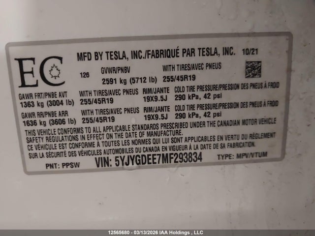 Tesla Model Y 2021 5YJYGDEE7MF293834 Image 9