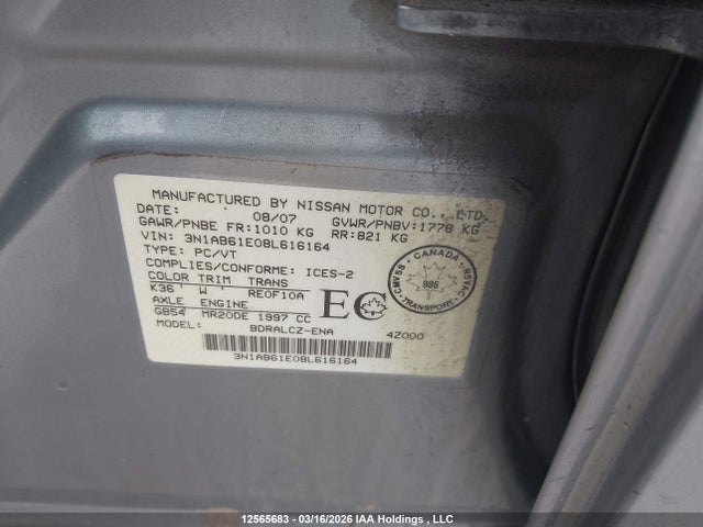 2008 Nissan Sentra 2.0 მანქანა იყიდება აუქციონზე, vin: 3N1AB61E08L616164, აუქციონის ნომერი: 12565683