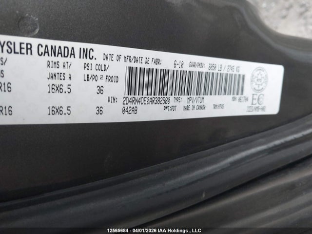 12565684 :رقم المزاد ، 2D4RN4DE0AR382580 vin ، 2010 Dodge Grand Caravan Se مزاد بيع