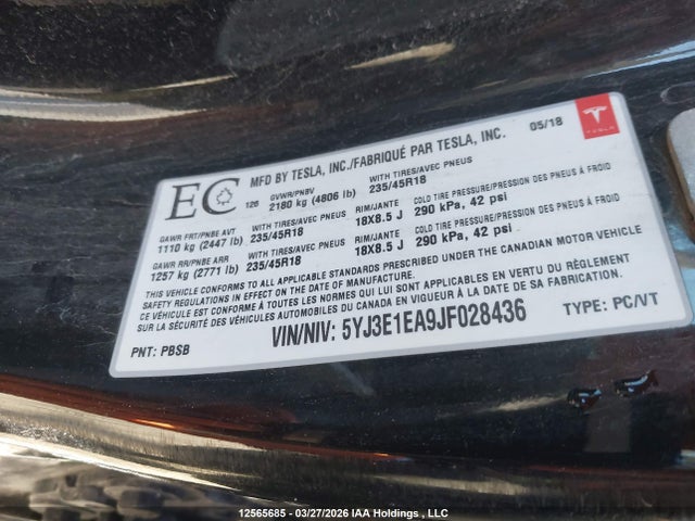 Aukcja sprzedaży 2018 Tesla Model 3 Long Range/mid Range, vin: 5YJ3E1EA9JF028436, numer aukcji: 12565685