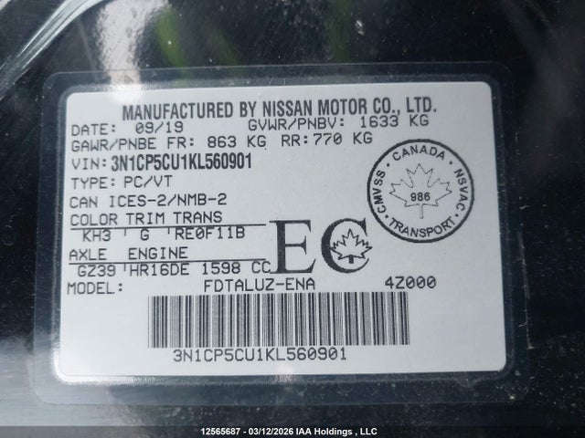 3N1CP5CU1KL560901 Nissan Kicks S/sr/sv