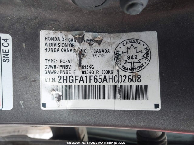 2010 Honda Civic მანქანა იყიდება აუქციონზე, vin: 2HGFA1F65AH002608, აუქციონის ნომერი: 12565690