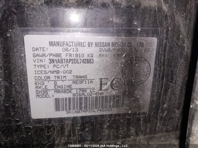 Продажа на аукционе авто 2013 Nissan Sentra S/sv/sr/sl, vin: 3N1AB7AP2DL742883, номер лота: 12565691