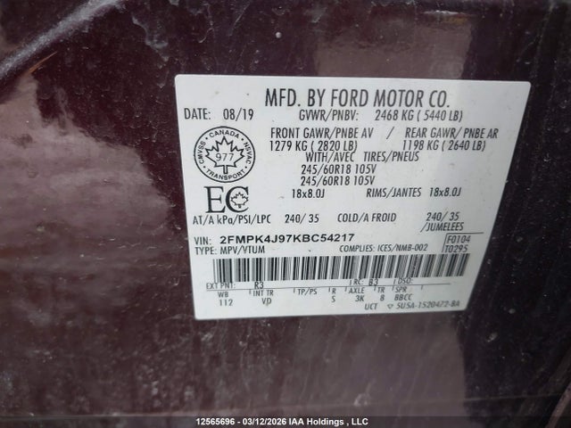 Продажа на аукционе авто 2019 Ford Edge Sel, vin: 2FMPK4J97KBC54217, номер лота: 12565696