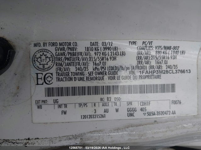 Продаж на аукціоні авто 2012 Ford Focus Sel, vin: 1FAHP3M28CL376613, номер лоту: 12565701