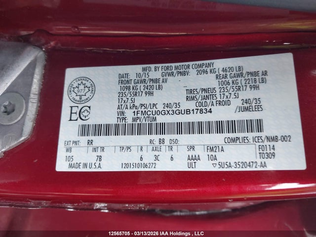 2016 Ford Escape Se მანქანა იყიდება აუქციონზე, vin: 1FMCU0GX3GUB17834, აუქციონის ნომერი: 12565705