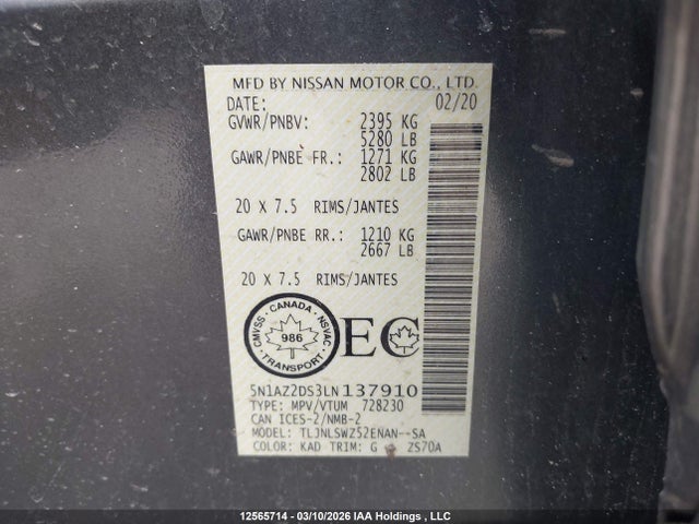12565714 :رقم المزاد ، 5N1AZ2DS3LN137910 vin ، 2020 Nissan Murano Limited Edition/platinum مزاد بيع