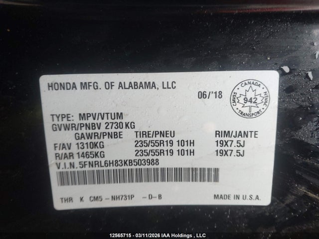 5FNRL6H83KB503988 Honda Odyssey Touring