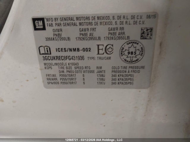 3GCUKREC8FG431936 Chevrolet Silverado K1500 Lt