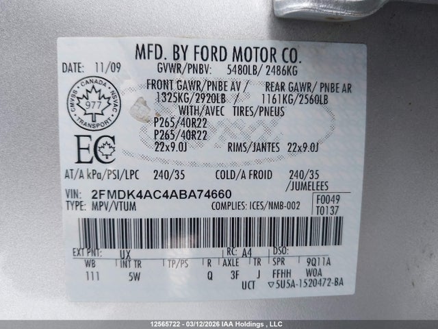 12565722 :رقم المزاد ، 2FMDK4AC4ABA74660 vin ، 2010 Ford Edge Sport مزاد بيع