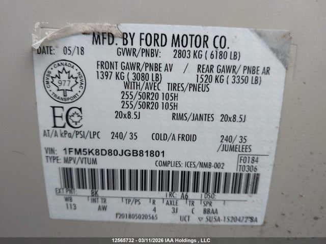 1FM5K8D80JGB81801 Ford EXPLORER XLT