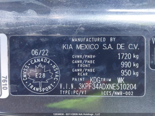 3KPF34ADXNE510204 KIA Forte Ex/ex Premium/ex+/gt-line