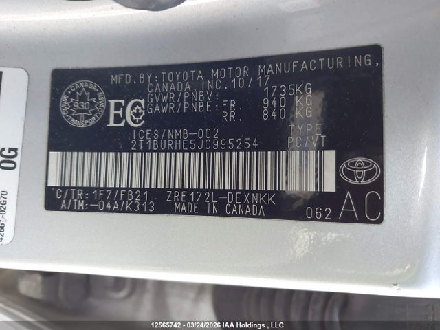 Aukcja sprzedaży 2018 Toyota Corolla L/le/xle/se/xse, vin: 2T1BURHE5JC995254, numer aukcji: 12565742
