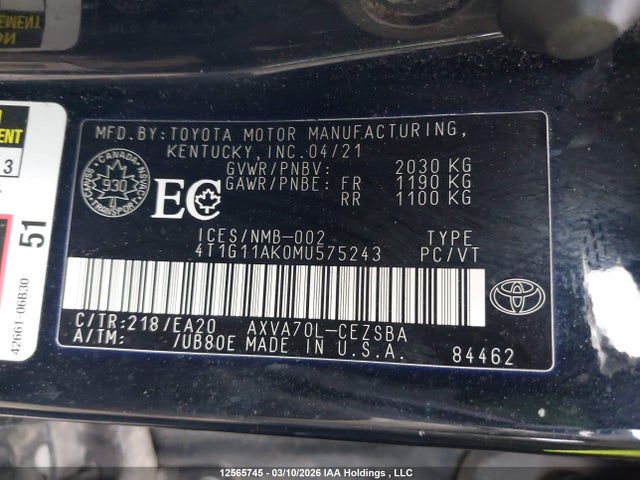 4T1G11AK0MU575243 Toyota Camry Se/se Night Shade