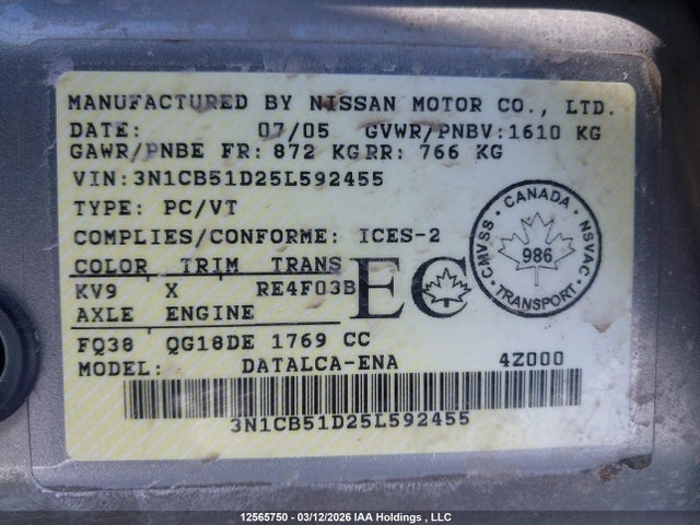 Aukcja sprzedaży 2005 Nissan Sentra 1.8/1.8 S/1.8 Special Edition Package/1.8s, vin: 3N1CB51D25L592455, numer aukcji: 12565750