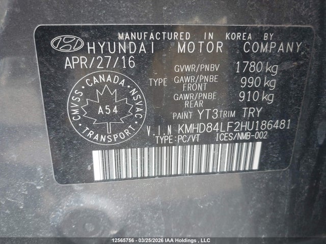 KMHD84LF2HU186481 Hyundai ELANTRA GL