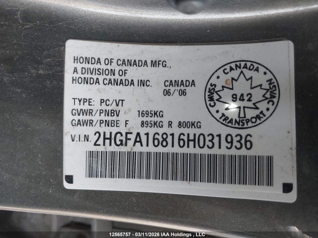 Aukcja sprzedaży 2006 Honda Civic Ex, vin: 2HGFA16816H031936, numer aukcji: 12565757