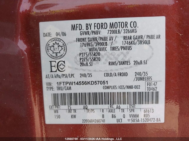 2006 Ford F150 Supercrew მანქანა იყიდება აუქციონზე, vin: 1FTPW14556KD57051, აუქციონის ნომერი: 12565759