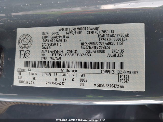 Продаж на аукціоні авто 2023 Ford F-150 Platinum, vin: 1FTFW1E58PFB37553, номер лоту: 12565780