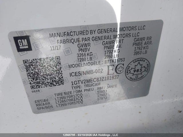 1GTV2MEC8JZ181937 GMC Sierra K1500 Sle