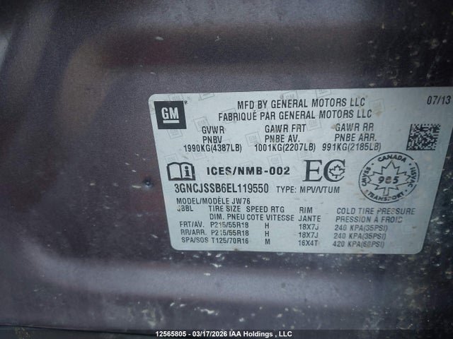 Aukcja sprzedaży 2014 Chevrolet Trax Ltz, vin: 3GNCJSSB6EL119550, numer aukcji: 12565805